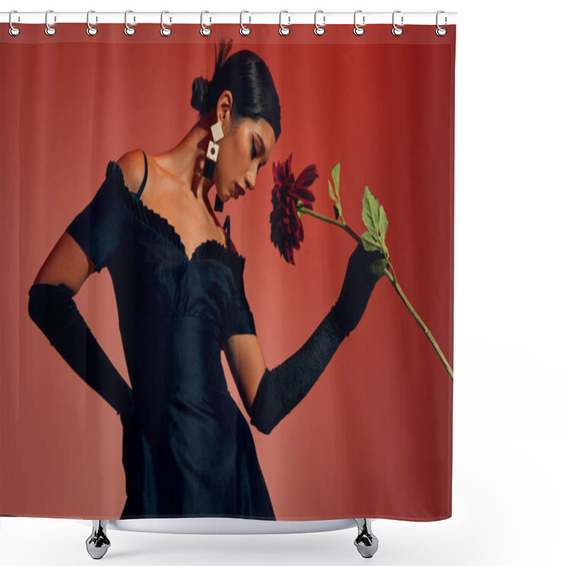 Personality  Trendy Spring, Expressive And Youthful Asian Woman With Brunette Hair And Trendy Earrings, Wearing Long Gloves And Black Dress, Posing With Hand On Hip And Burgundy Peony On Red And Pink Background Shower Curtains