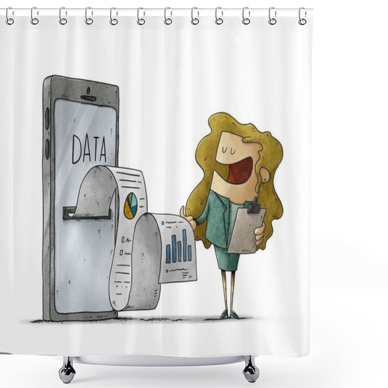 Personality  Illustration Of Woman Is Extracting Data From A Huge Mobile From Which Comes Out A Long Paper With Information And Graphics. Isolated Shower Curtains