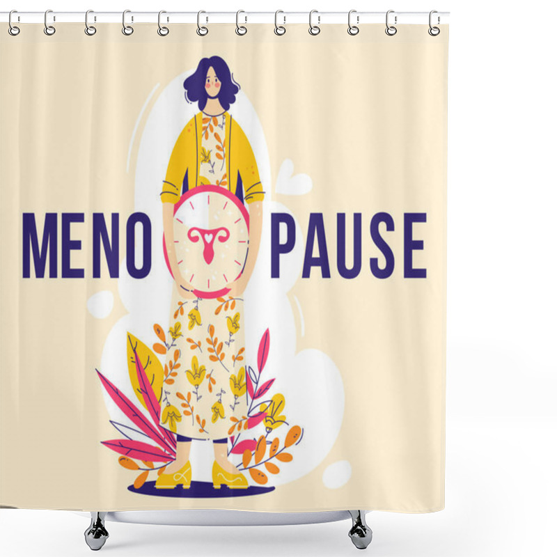 Personality  Menopause Concept. Woman Holds Clock With Female Genital Organs Silhouette. Sign Menopause. Shower Curtains