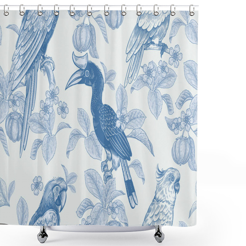 Personality  Tropical Floral Seamless Pattern. Background For Textile, Paper, Wallpaper. Tropical Leaves And Flowers, Birds Toucans And Parrots, Exotic Fruits. Blue Colors. Vector. Vintage. Shower Curtains