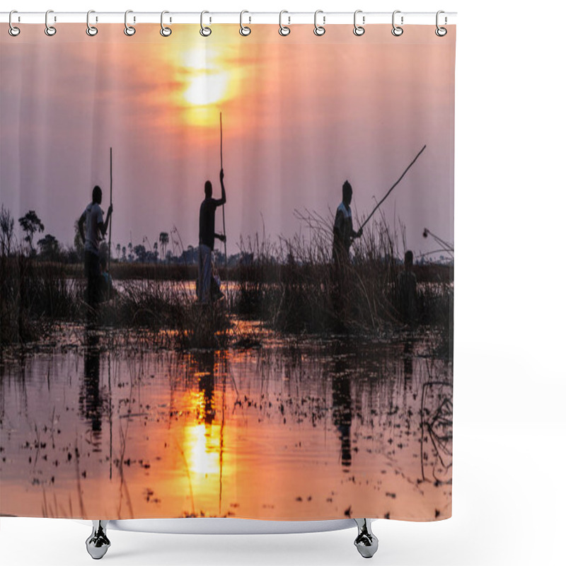 Personality  Okavango Delta, Botswana - August 3, 2022. A Group Of Tourist Observing Wildlife In The Okavango Delta, While Stiting In Mokoros And Being Guided By Local Guides. Shower Curtains