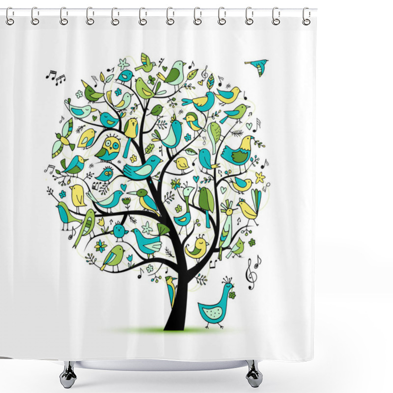 Personality  Tree With Birds, Sketch For Your Design Shower Curtains