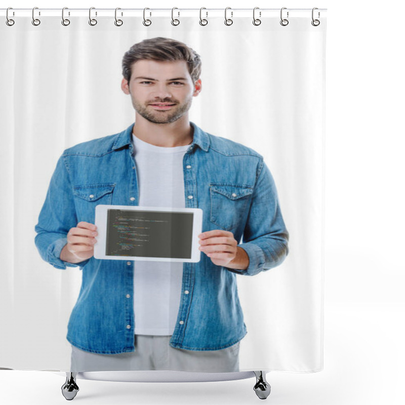 Personality  KYIV, UKRAINE - AUGUST 12, 2019: Smiling Man In Denim Shirt Holding Digital Tablet With JavaScript Page Isolated On White Shower Curtains