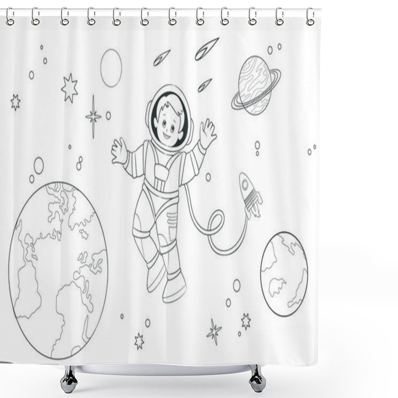 Personality  Coloring Book A Young Astronaut Soars In Open Space Against The Background Of The Earth, Planets And Stars. Vector Illustration , Cartoon Style Shower Curtains