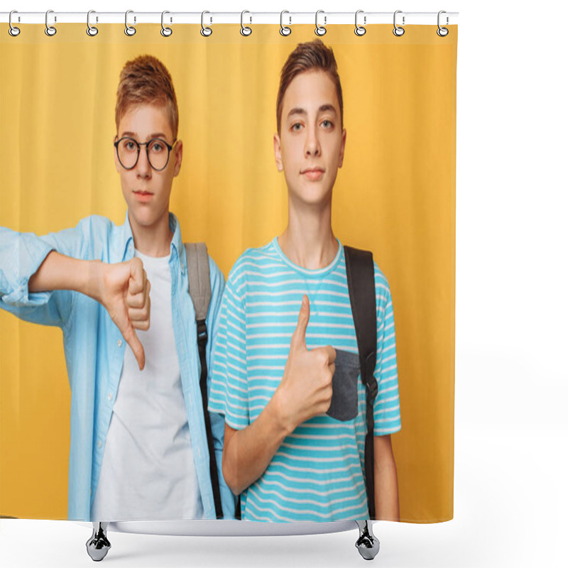 Personality  Two Teenagers, Guys Show Opposite Emotions, Friends Show Positive And Negative Gestures Shower Curtains