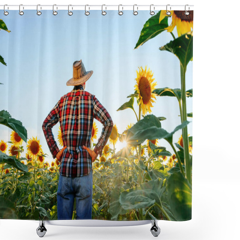 Personality  A Farmer In A Hat Stands In The Field And Inspects His Property. Hands On The Hips. Clear Day And The Sun Peeks Through The Leaves. Man And Copy Space Shower Curtains