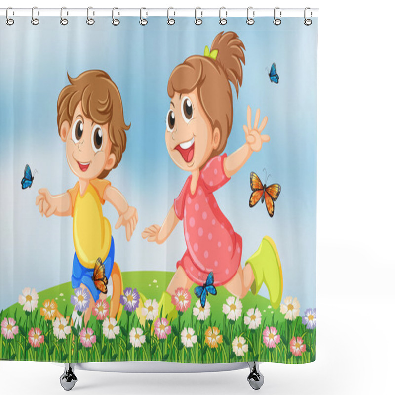 Personality  Kids Playing Happily At The Garden In The Hilltop Shower Curtains