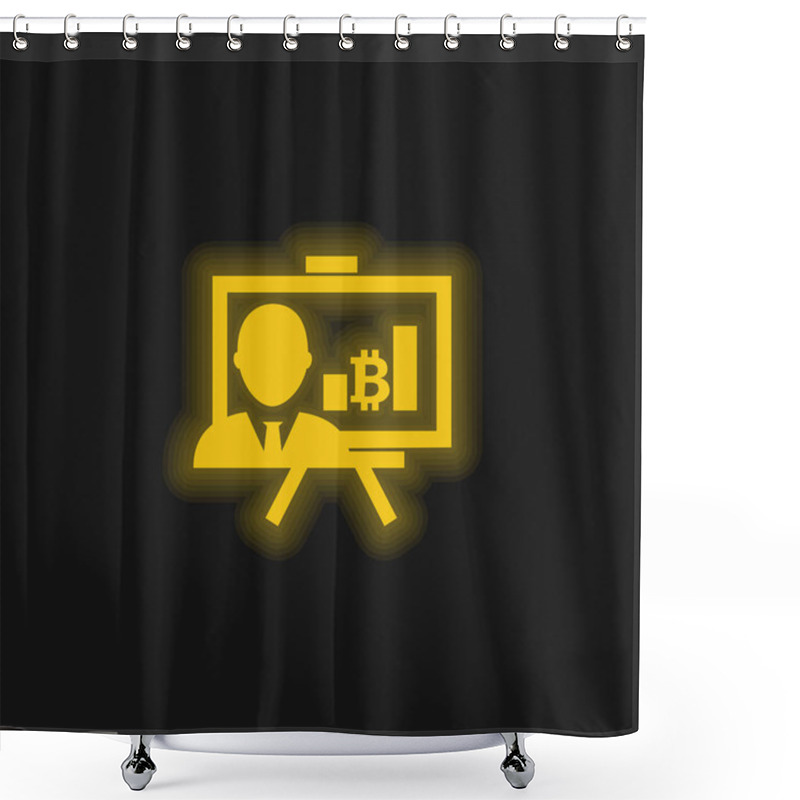 Personality  Bitcoin Presentation With Graphs And Reporter Yellow Glowing Neon Icon Shower Curtains