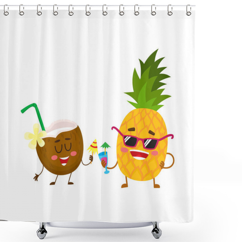 Personality  Funny Pineapple And Coconut Characters Drinking Cocktails, Having Fun Shower Curtains