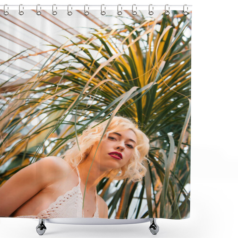 Personality  Beautiful Female Model With Dreamy Eyes Posing At Botanical Gard Shower Curtains