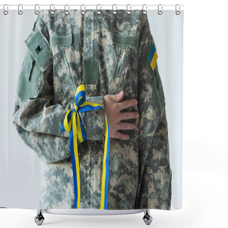 Personality  Cropped View Of Soldier With Ukrainian Flag And Blue And Yellow Ribbon On Hand Isolated On Grey  Shower Curtains