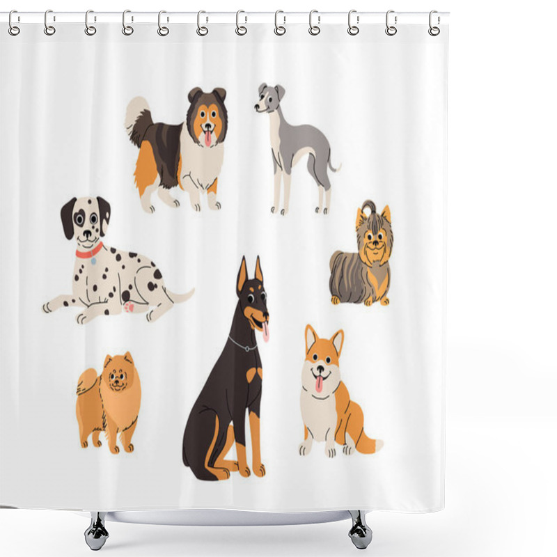 Personality  Cartoon Dogs In Motion Set. Different Canine Breeds. Active Puppies Doberman, Dalmatian, Pomeranian, Sheltie, Italian Greyhound, Yorkshire Terrier, Corgi. Flat Vector Illustration Shower Curtains