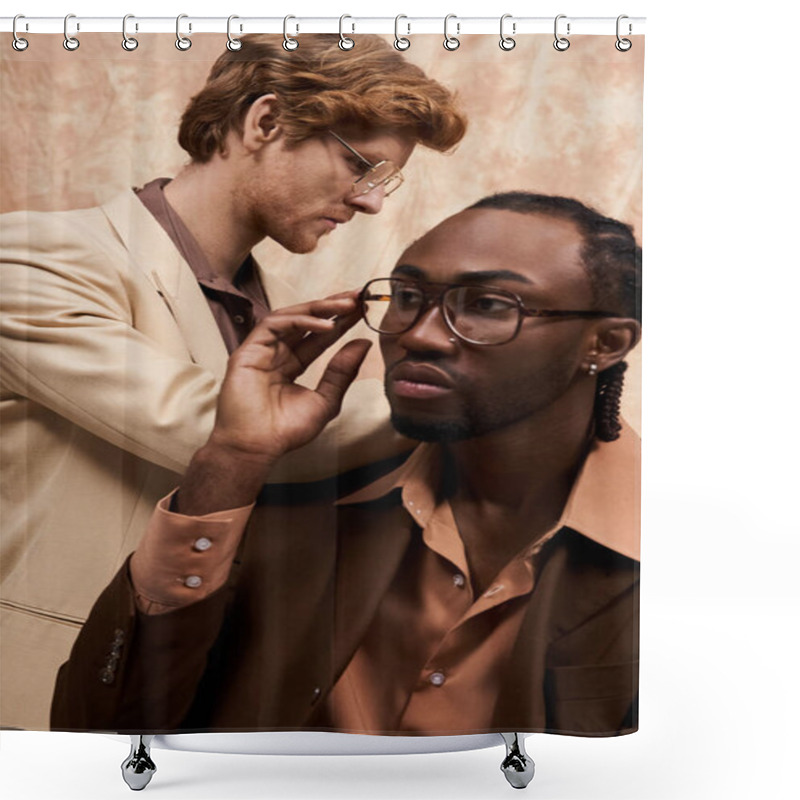 Personality  Two Diverse Men In A Stylish And Elegant Setting. Shower Curtains