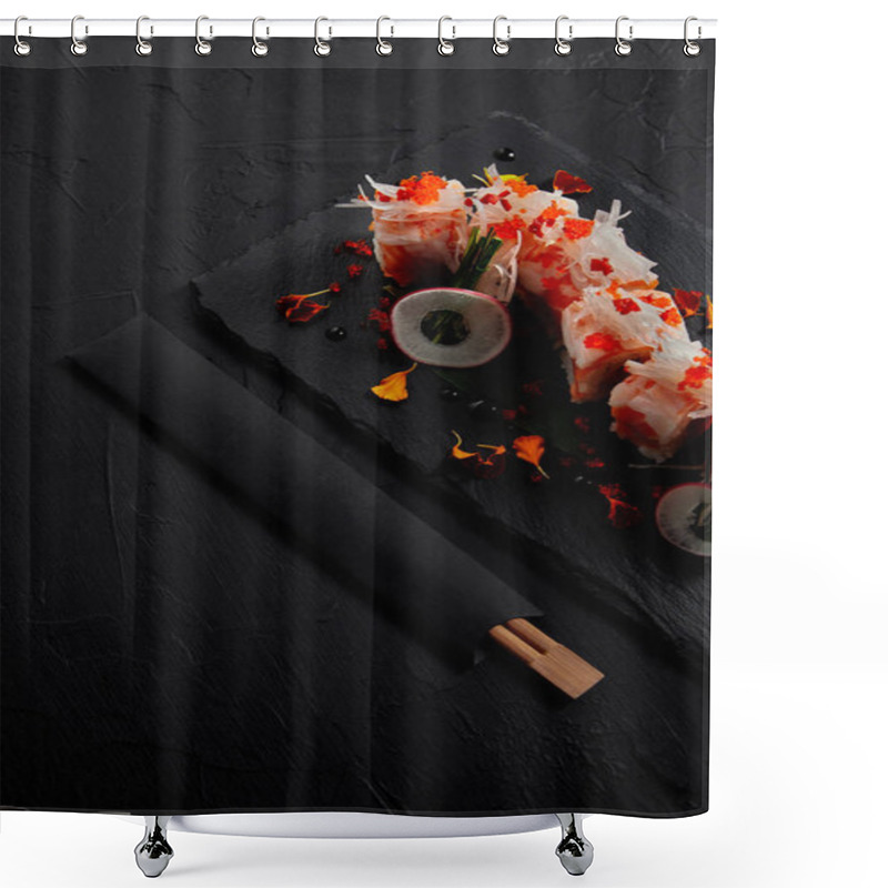 Personality  Gourmet Roll In Mamenori With Shrimp, Salmon And Avocado On Slate Board And Chopsticks  Shower Curtains