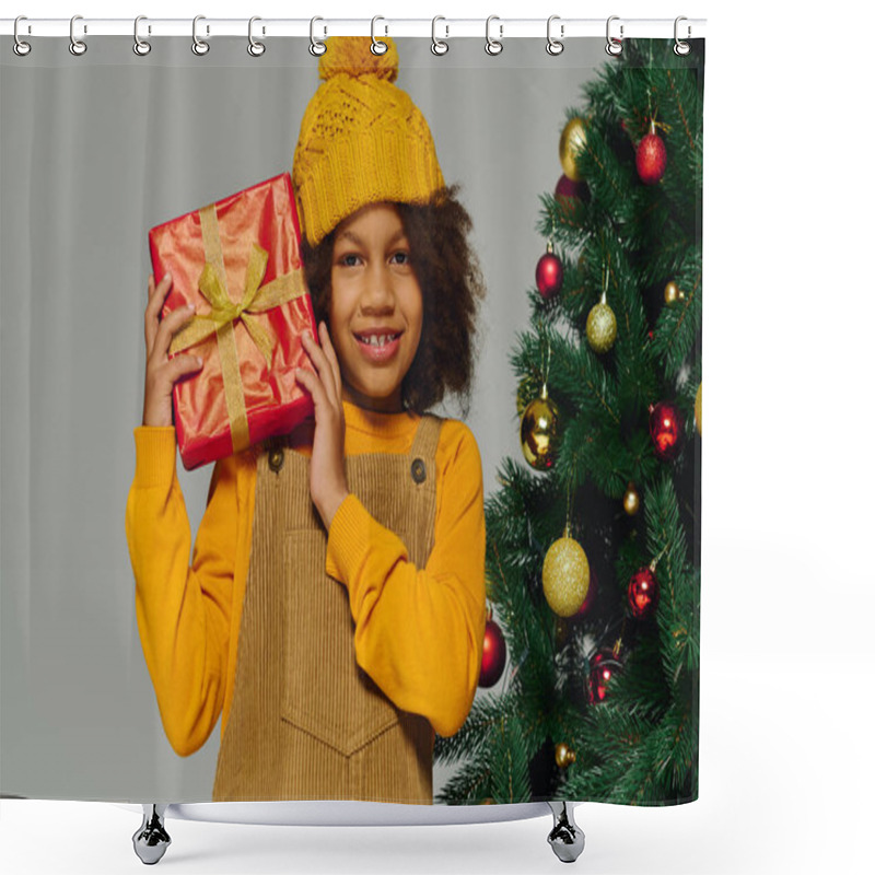 Personality  A Girl Beams With Joy, Holding A Gift By A Decorated Christmas Tree. Shower Curtains