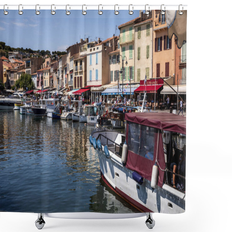 Personality  AVIGNON, FRANCE - JUNE 18, 2018: Boats In Port And People Walking On Embankment, Avignon, France  Shower Curtains