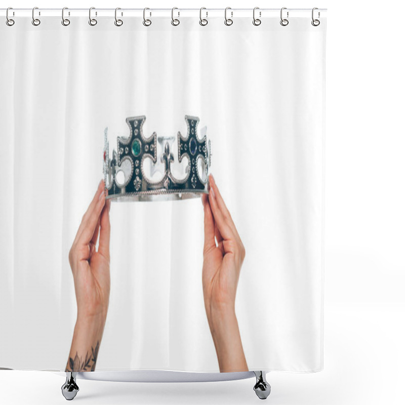 Personality  Cropped View Of Woman Holding Silver Crown With Gemstones In Two Hands, Isolated On White Shower Curtains