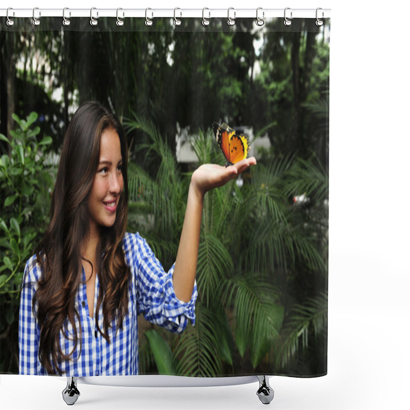 Personality  Butterfly Sitting On The Hand Of A Young Woman I Shower Curtains