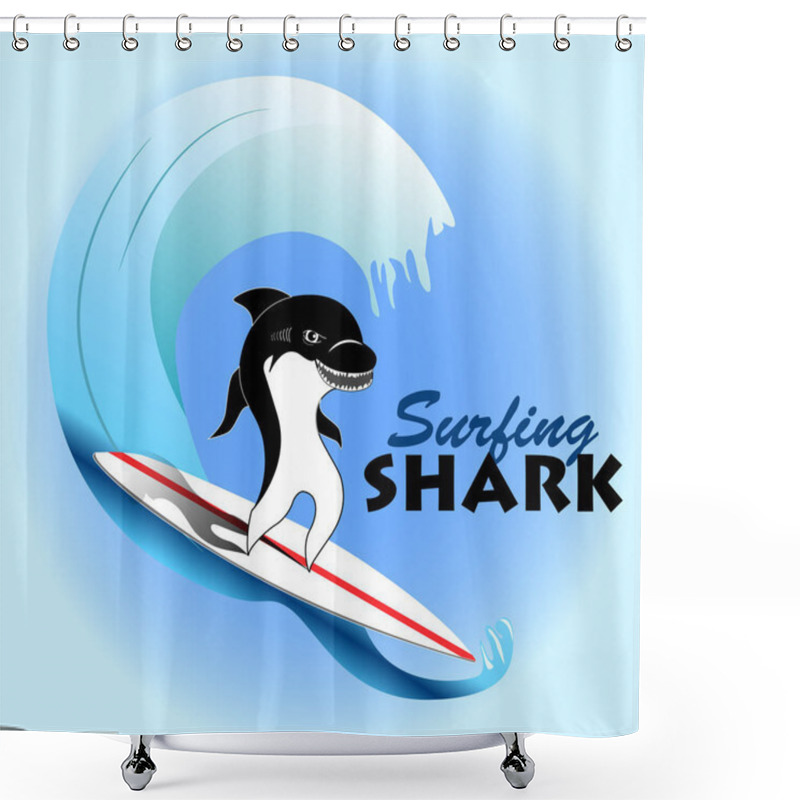 Personality  Surfing Fun Shark On Blue Wave, Vector Illustration Shower Curtains