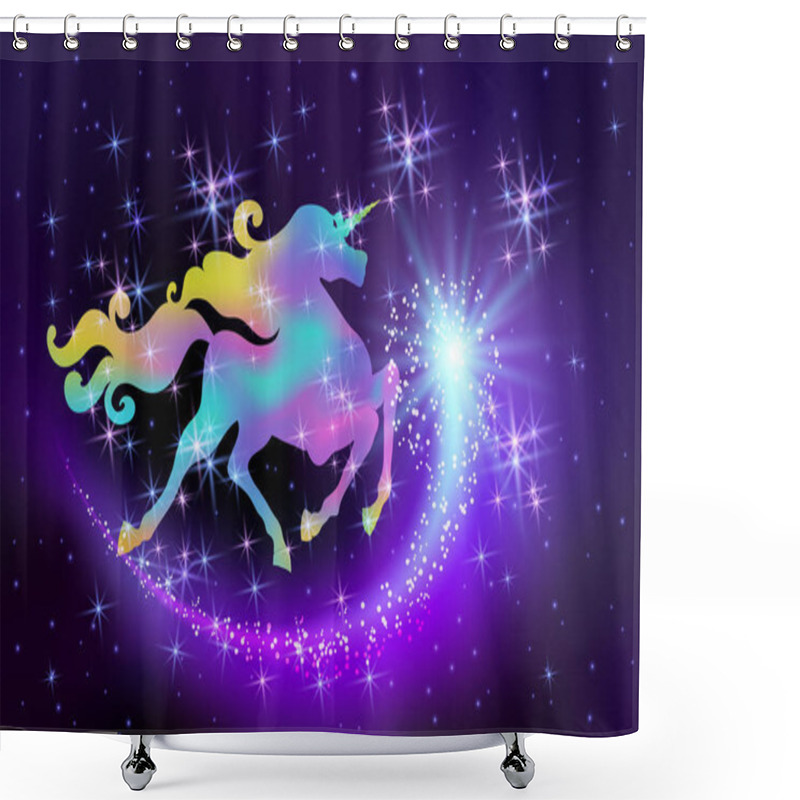 Personality  Starlit Sky And Galloping Iridescent Unicorn With Luxurious Winding Mane Against The Background Of The Fantasy Universe With Sparkling Stars And Flying Comet Shower Curtains