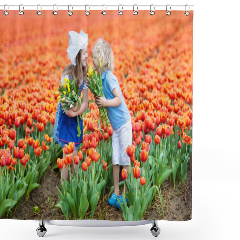 Personality  Kids In Tulip Flower Field. Windmill In Holland Shower Curtains