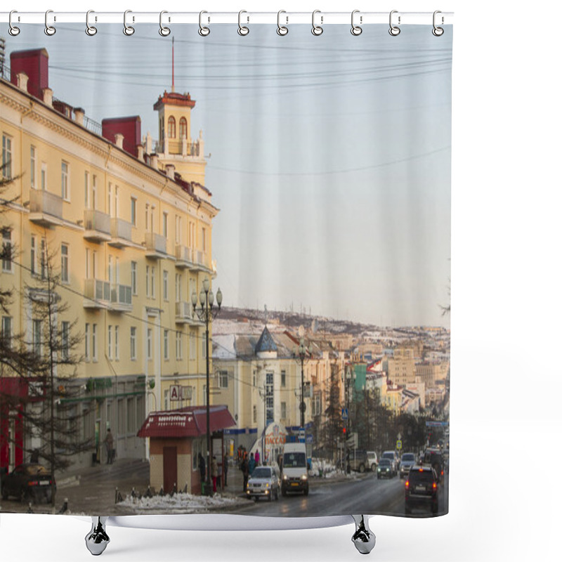 Personality  Building With A Spire On The Main Street Of Magadan Shower Curtains