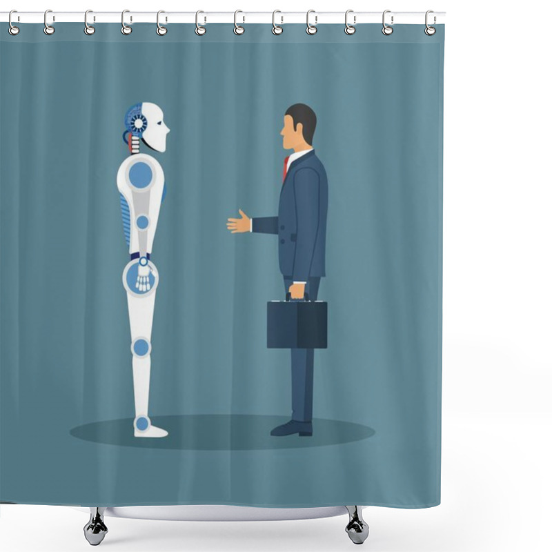 Personality  Businessman Shake Robot Hand. Cooperation Concept. Vector Illustration In Flat Design. Shower Curtains