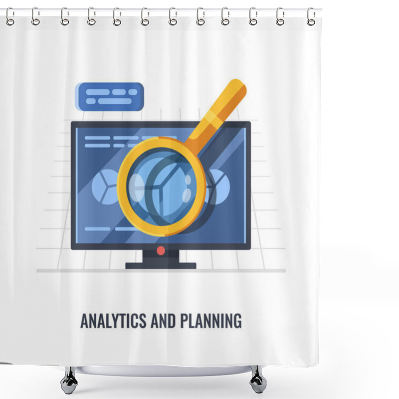 Personality  Concept Of Data Analysis With Desktop Computer And Magnifying Glass, Diagram Statistics, Data Searching Concept 3d Flat Vector Illustration Shower Curtains