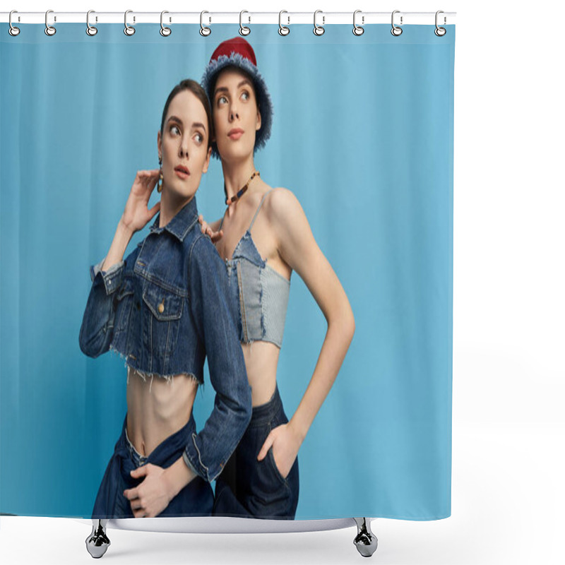 Personality  Two Stunning Twin Sisters Pose Elegantly, Showing Off Their Chic Outfits In A Lively Setting. Shower Curtains