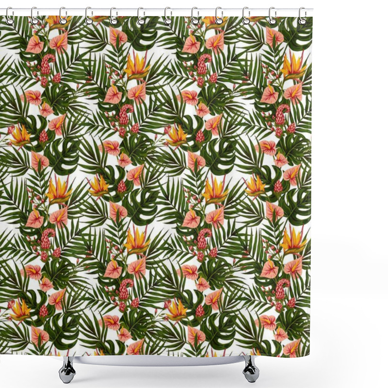 Personality  Seamless Pattern Of Gouache-painted Leaves Of Hawaiian Herbs And Trees. Trending Botanical Background With Tropical Plants Shower Curtains