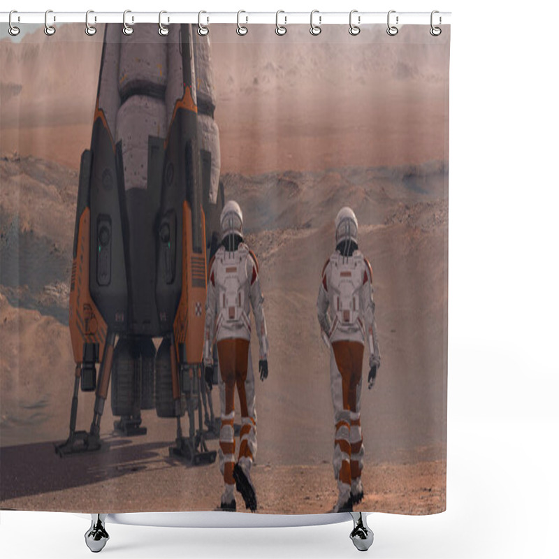 Personality  Astronaut Wearing Space Suit Walking On The Surface Of Mars. Exploring Mission To Mars. Futuristic Colonization And Space Exploration Concept. 3d Rendering Shower Curtains