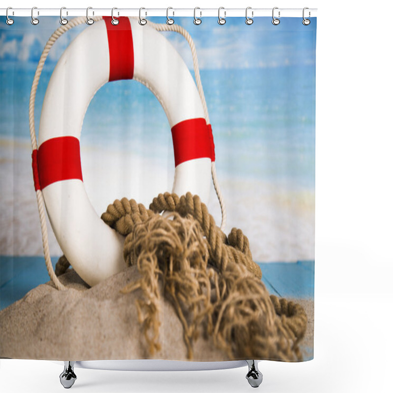 Personality  Holiday By The Sea, Lighthouse, Seagull, Lifebuoy, Sand, Shells Shower Curtains