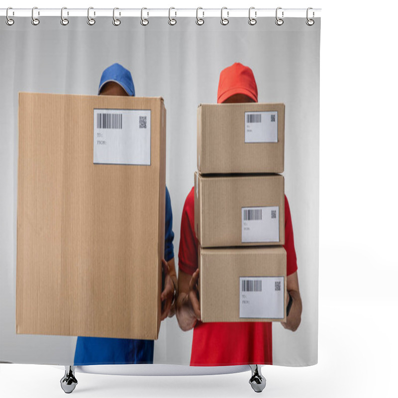 Personality  Delivery Men Holding Cardboard Packages With Barcodes And Qr Codes On Cards Isolated On Grey Shower Curtains