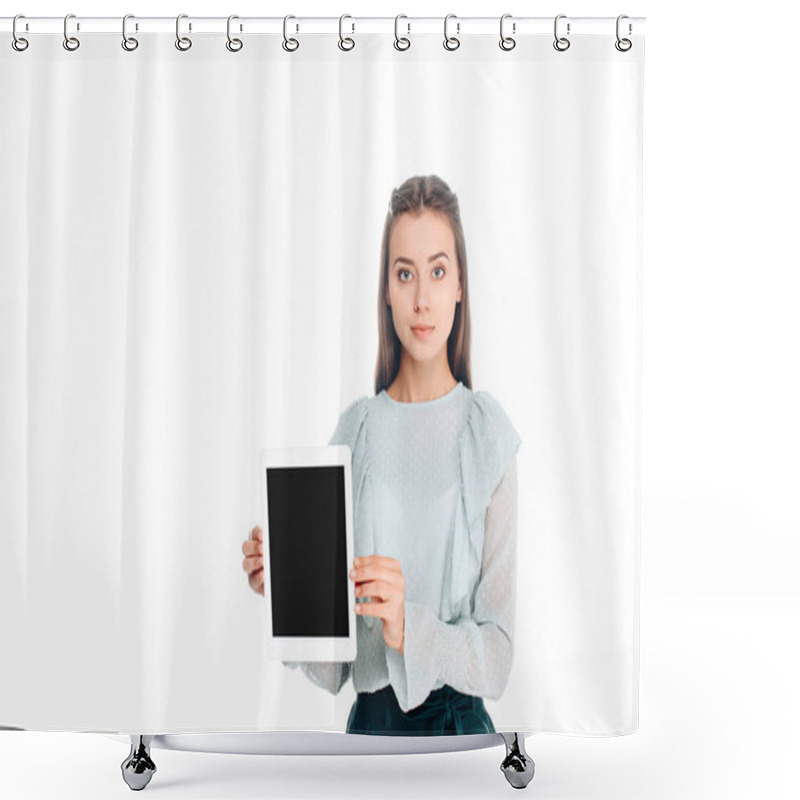 Personality  Portrait Of Woman With Tablet With Blank Screen Isolated On White Shower Curtains