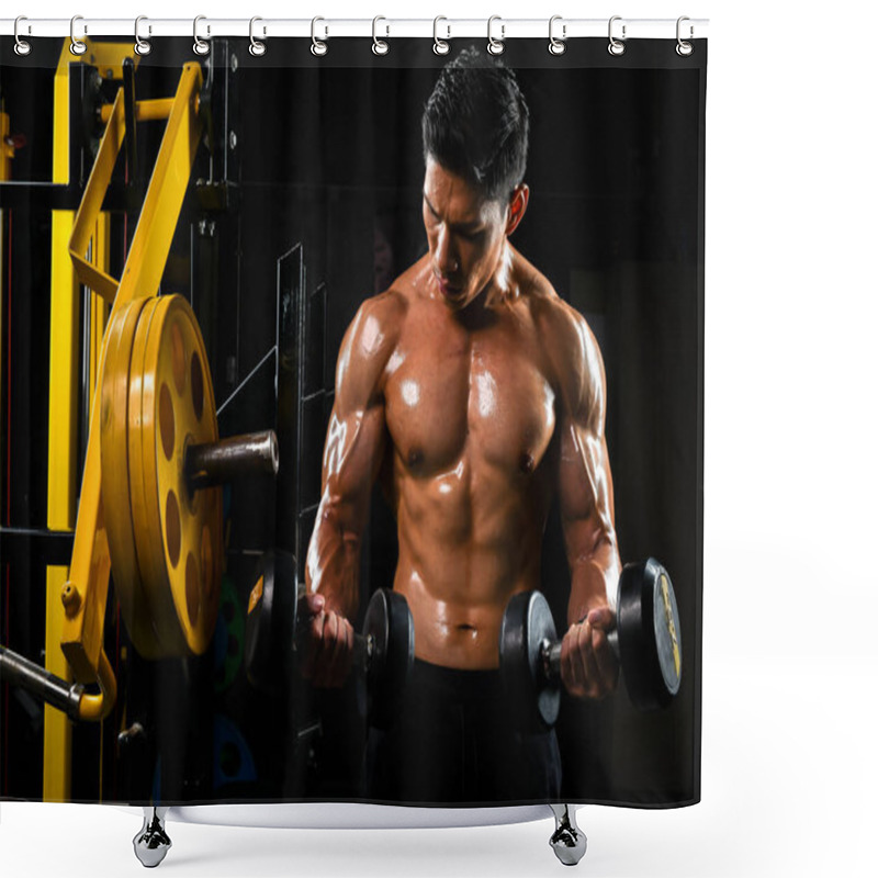 Personality  Images Of Asian Men With Beautiful Muscles Lifting Weights At The Gym. Shower Curtains