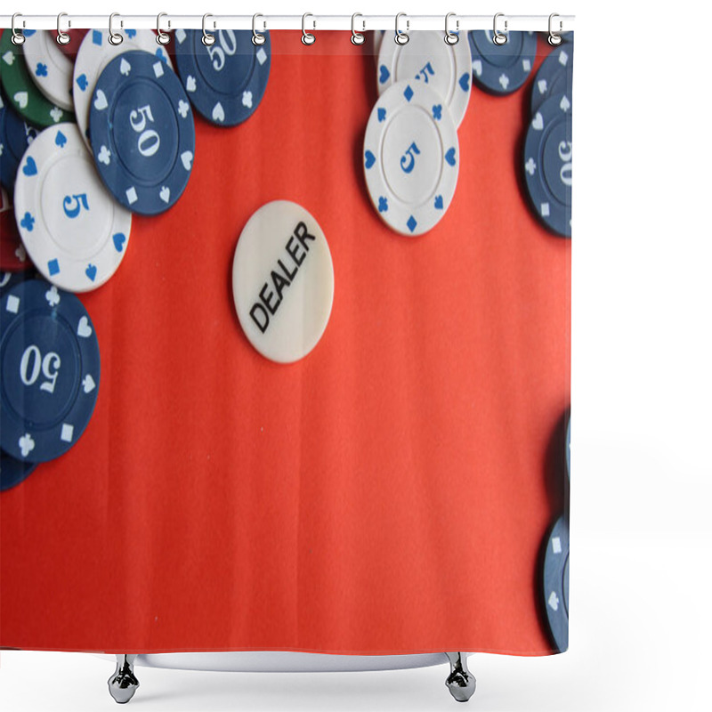 Personality  Poker Cards, Pocker Chips, Money, Pocker Dice On Red Background. Gambling, Board Games Shower Curtains