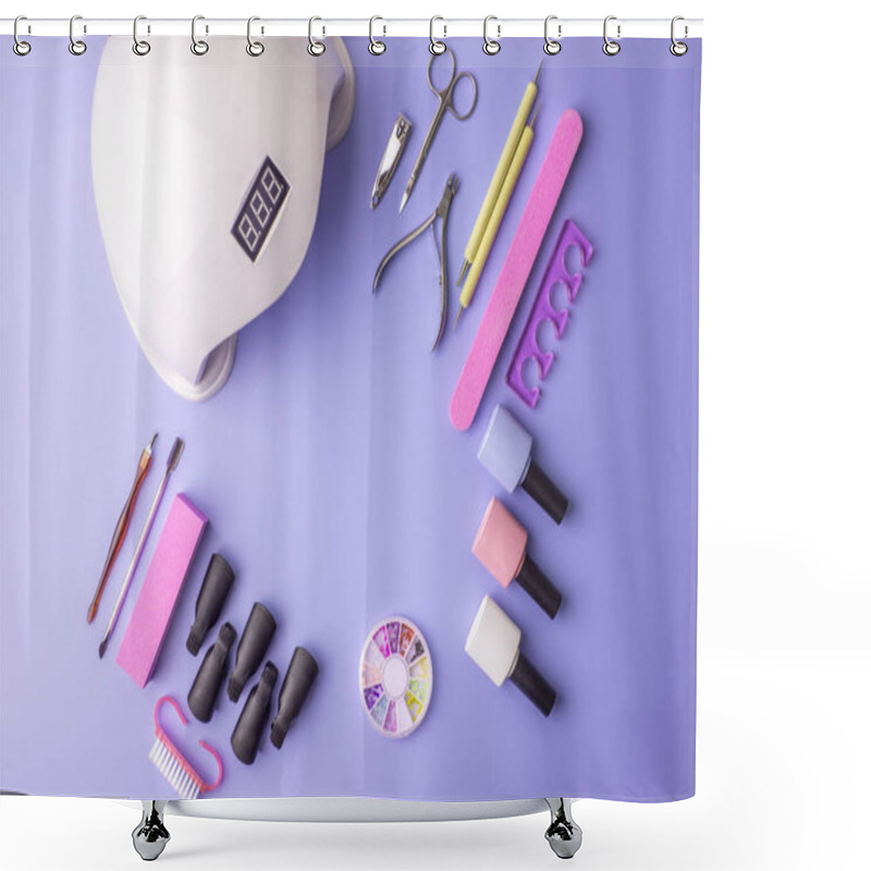 Personality  Set Of Cosmetic Tools For Manicure And Pedicure On A Purple Background. Gel Polishes, Nail Files And Clippers, Top View Shower Curtains