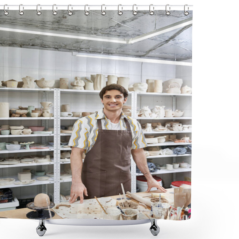 Personality  Joyous Man In Pottery Studio. Shower Curtains