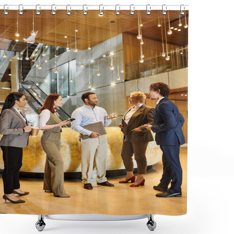 Personality  A Diverse Group Of Business People Stand Together In A Modern Lobby. Shower Curtains