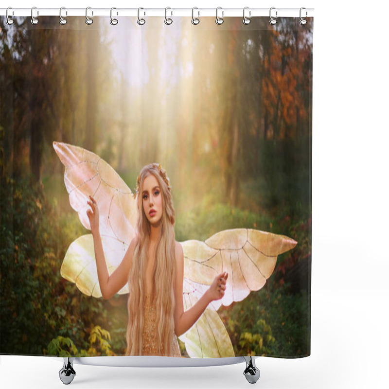 Personality  Fantasy Woman Fairy Fashion Model In Fabolous Summer Forest. Girl Elf Goddess Of Nature. Golden Pixie Wings Costume, Sexy Shiny Glow Dress. Cute Face Lady Princess Queen Of Butterfly, Sun Magic Light Shower Curtains