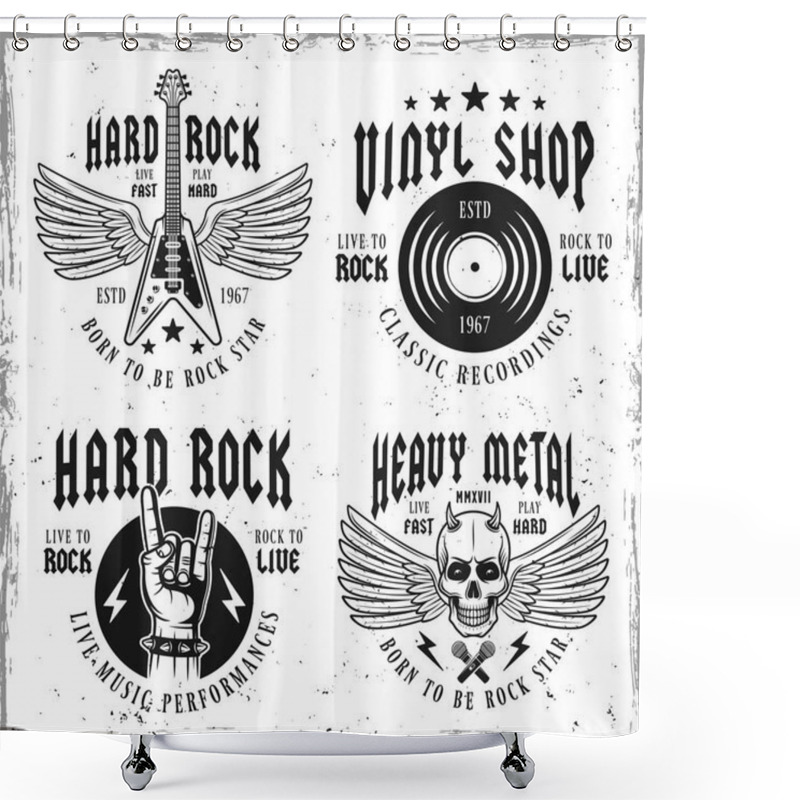 Personality  Rock Music Vector Monochrome Emblems Or Labels Shower Curtains