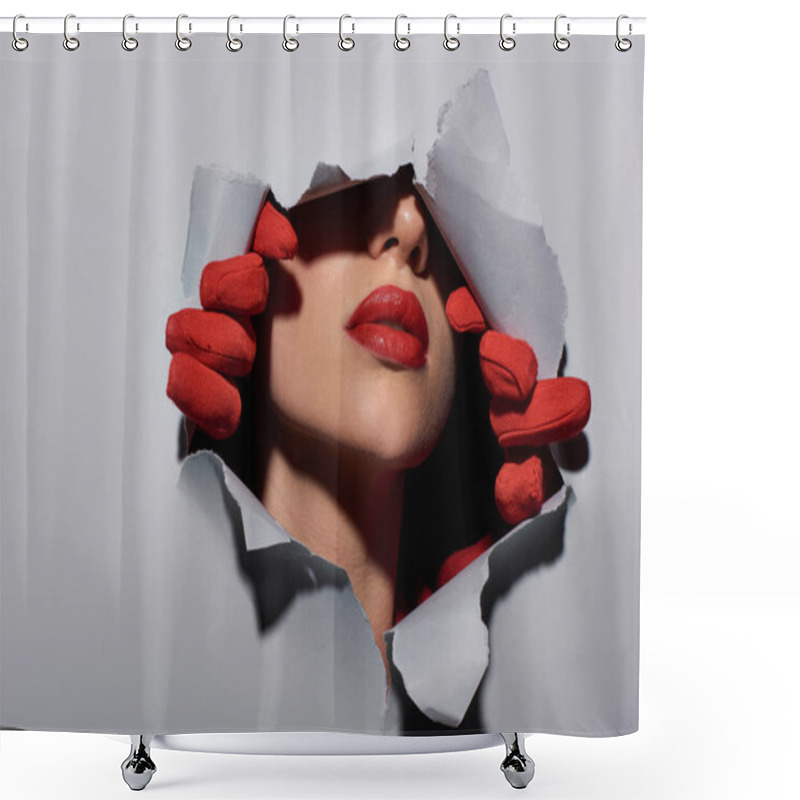 Personality  Cropped View Of Young Woman With Red Lips In Gloves Ripping Grey Background And Making A Hole Shower Curtains