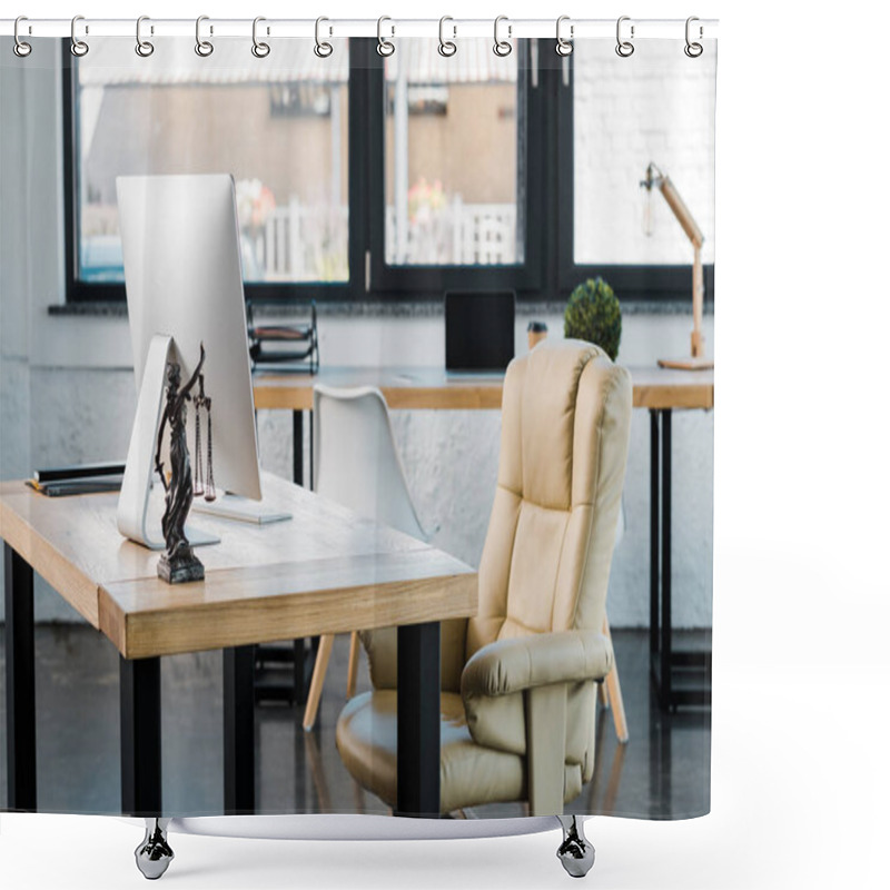 Personality  Armchair, Table With Computer And Themis Statue In Business Office Shower Curtains