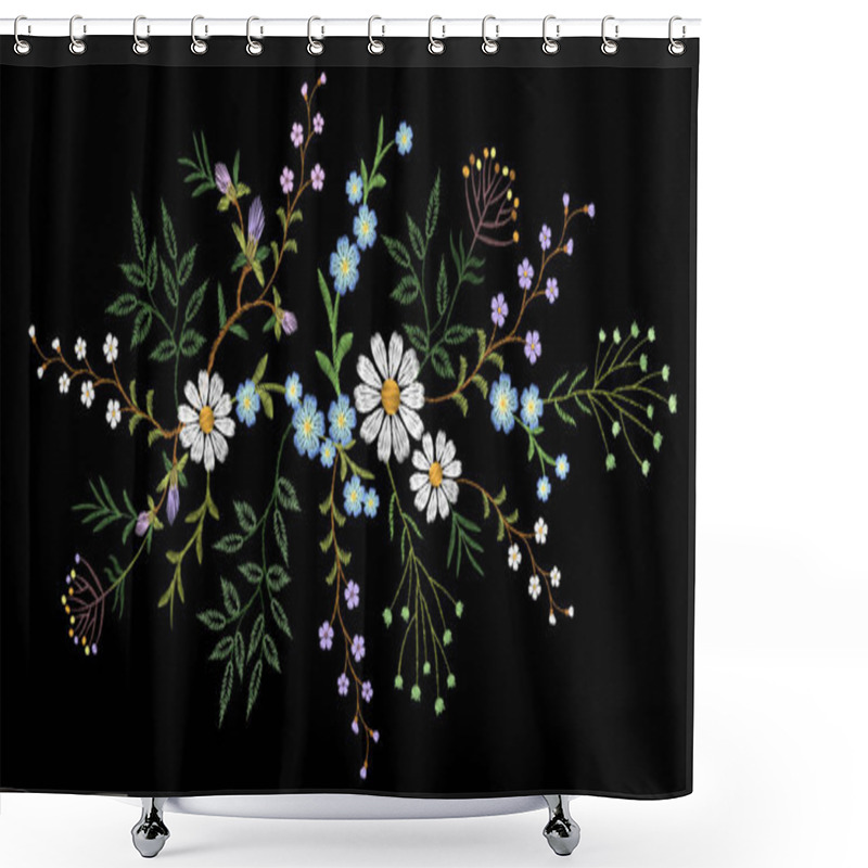 Personality  Embroidery Trend Floral Pattern Small Branches Herb Daisy With Little Blue Violet Flower. Ornate Traditional Folk Fashion Patch Design Neckline Blossom On Black Background Vector Illustration Shower Curtains