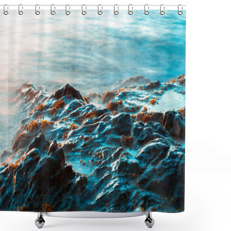 Personality  Rocks On A Beautiful Wavy Sea In The Sunset Shower Curtains