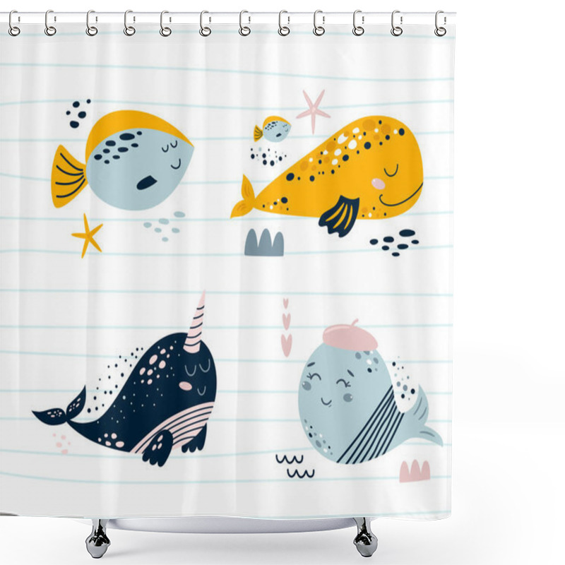 Personality  Cute Sea Animal Character Set. Smiling Whales, Sea Fish, Narwhal. Nautical Animals Illustrations Ocean Print Elements Collection. Baby Nursery Art. Summer Vector For Kids Boys Girls. Under Water Life. Shower Curtains