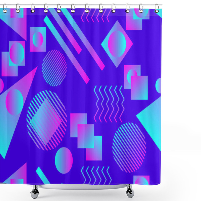 Personality  Memphis Seamless Pattern. Holographic Geometric Shapes, Gradients, Retro Style Of The 80s. Memphis Design Background. Vector Illustration Shower Curtains