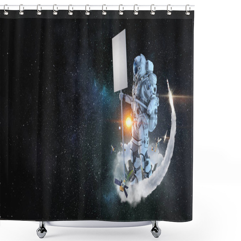 Personality  Spaceman With Banner. Mixed Media Shower Curtains