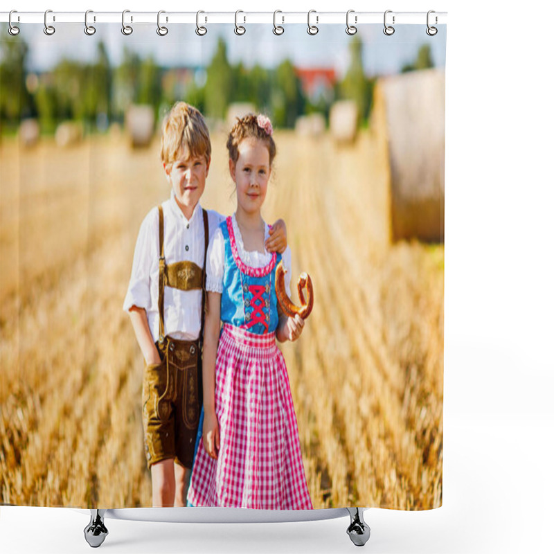 Personality  Two Kids, Boy And Girl In Traditional Bavarian Costumes In Wheat Field Shower Curtains