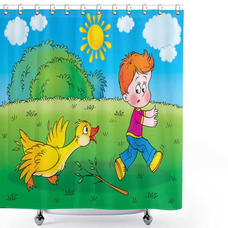 Personality  Yellow Goose Turning On A Boy After Being Poked At With A Branch. Shower Curtains